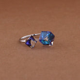 Silver Double Cube Shaped Crystals Ring With Adjustable Size